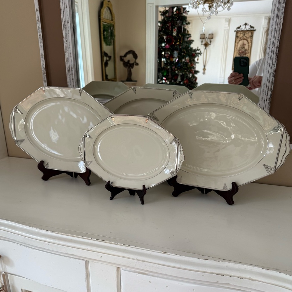 Community China Deauville Oval Platter 15” Ivory Platinum Trim Art Deco USA
